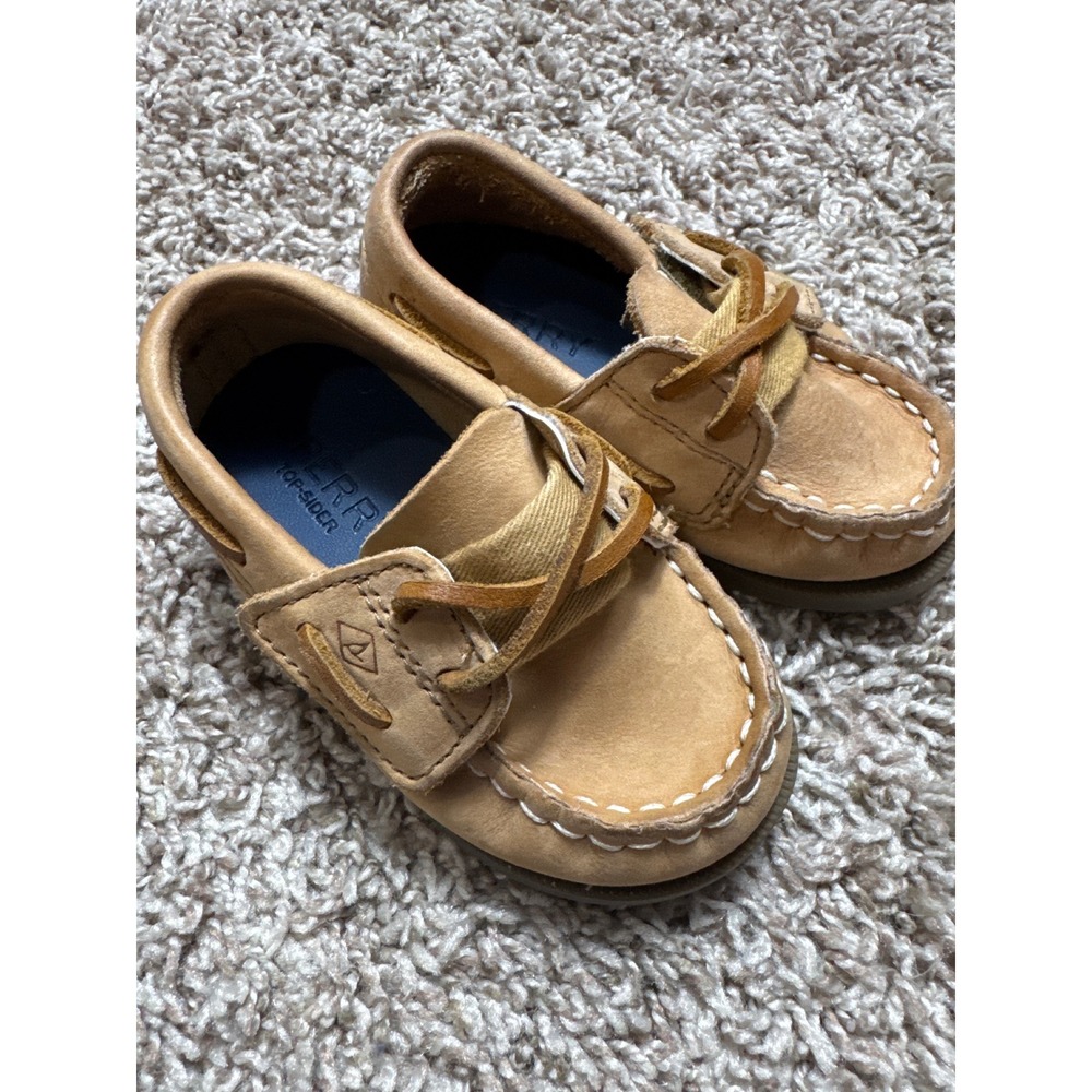 Sperry Top-Sider Kids Tan Leather Boat Shoes Hook Loop Size 4M PB59776